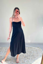 Vestido Midi Acetinado Costas Abertas e Fendas Kate