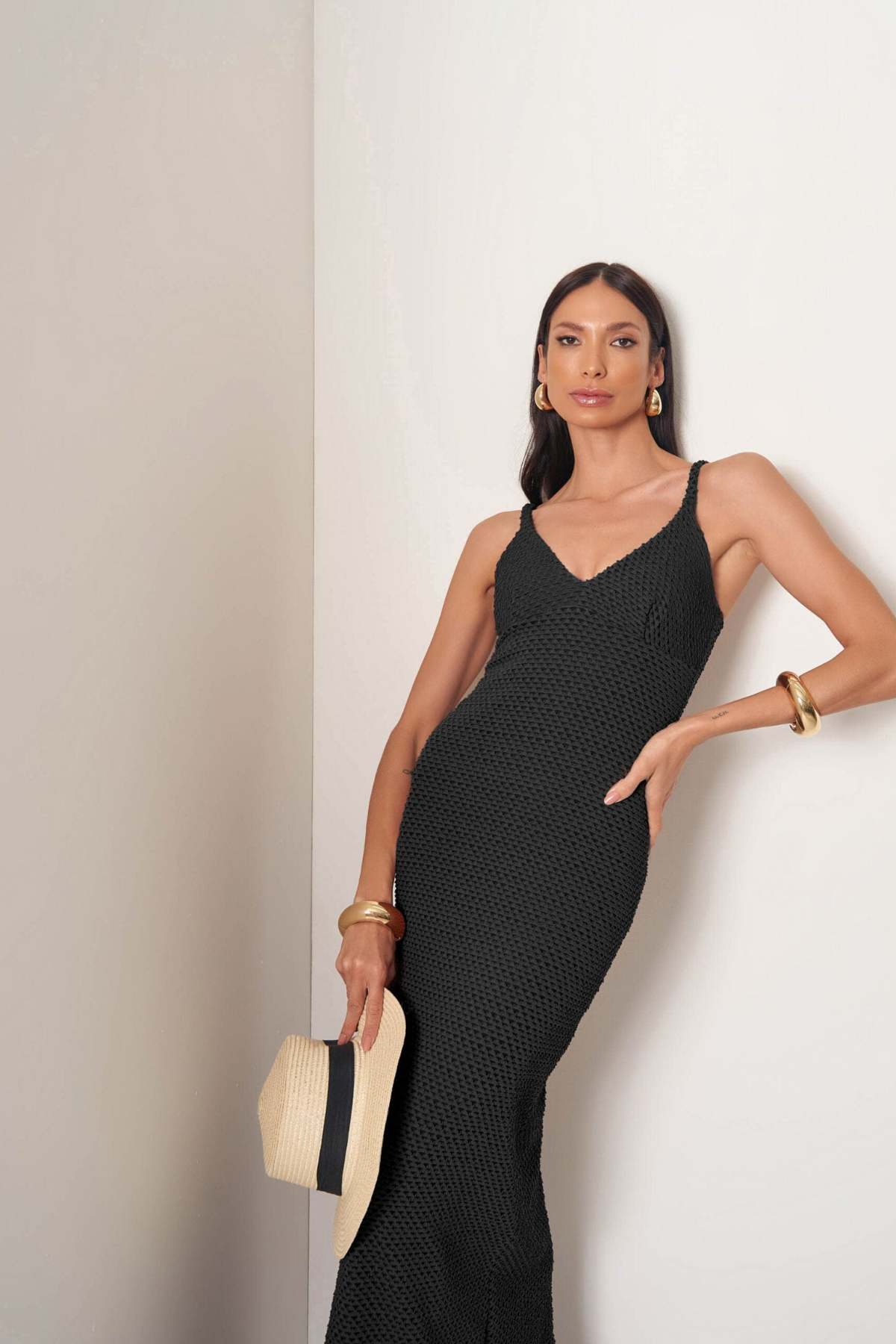 Vestido Longo Texturizado Decote V Beatrice