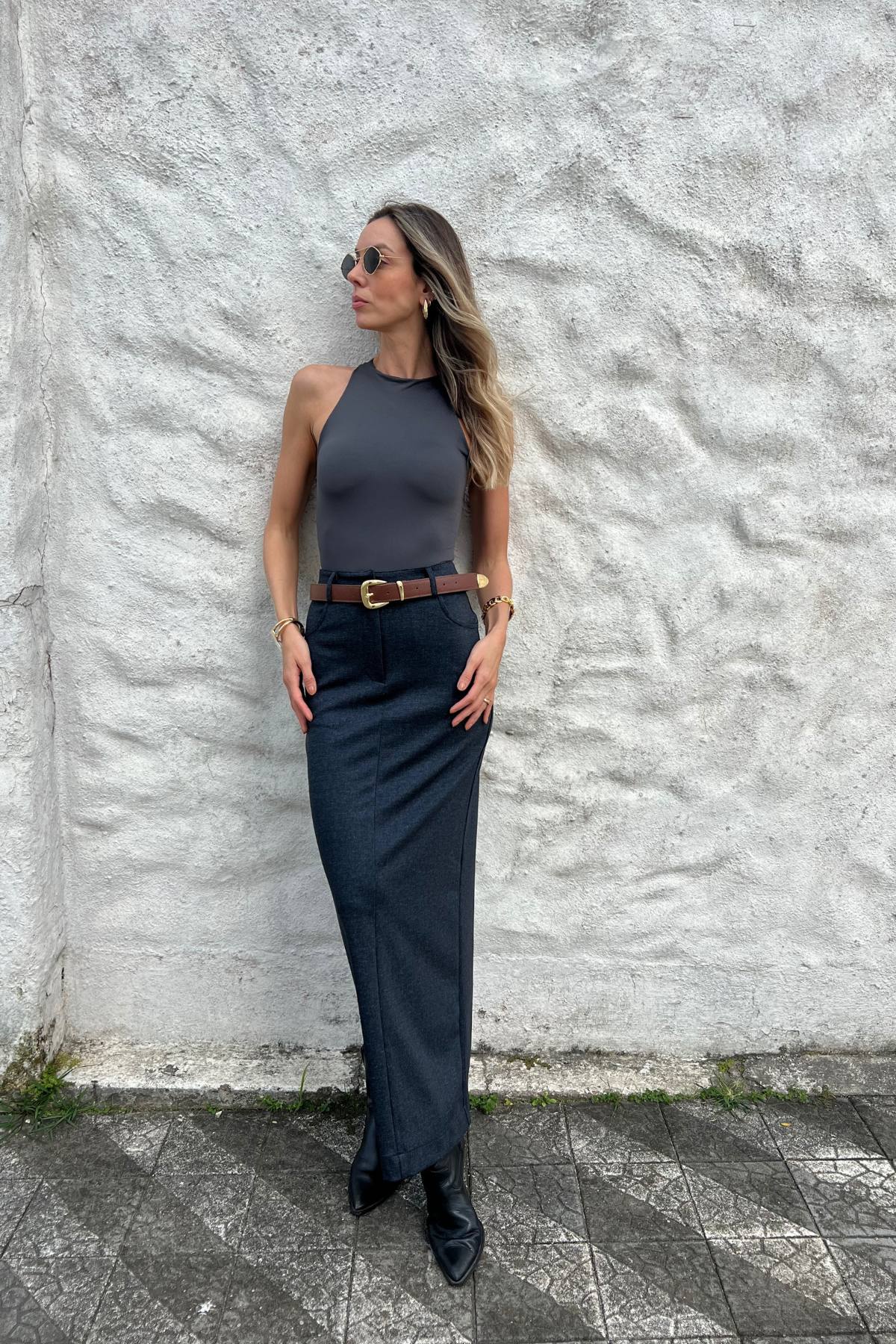 Saia Longa Alfaiataria Denim Lara