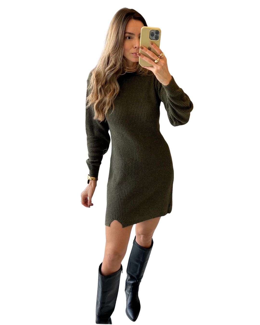 Vestido Curto Manga Longa em Tricô Isa