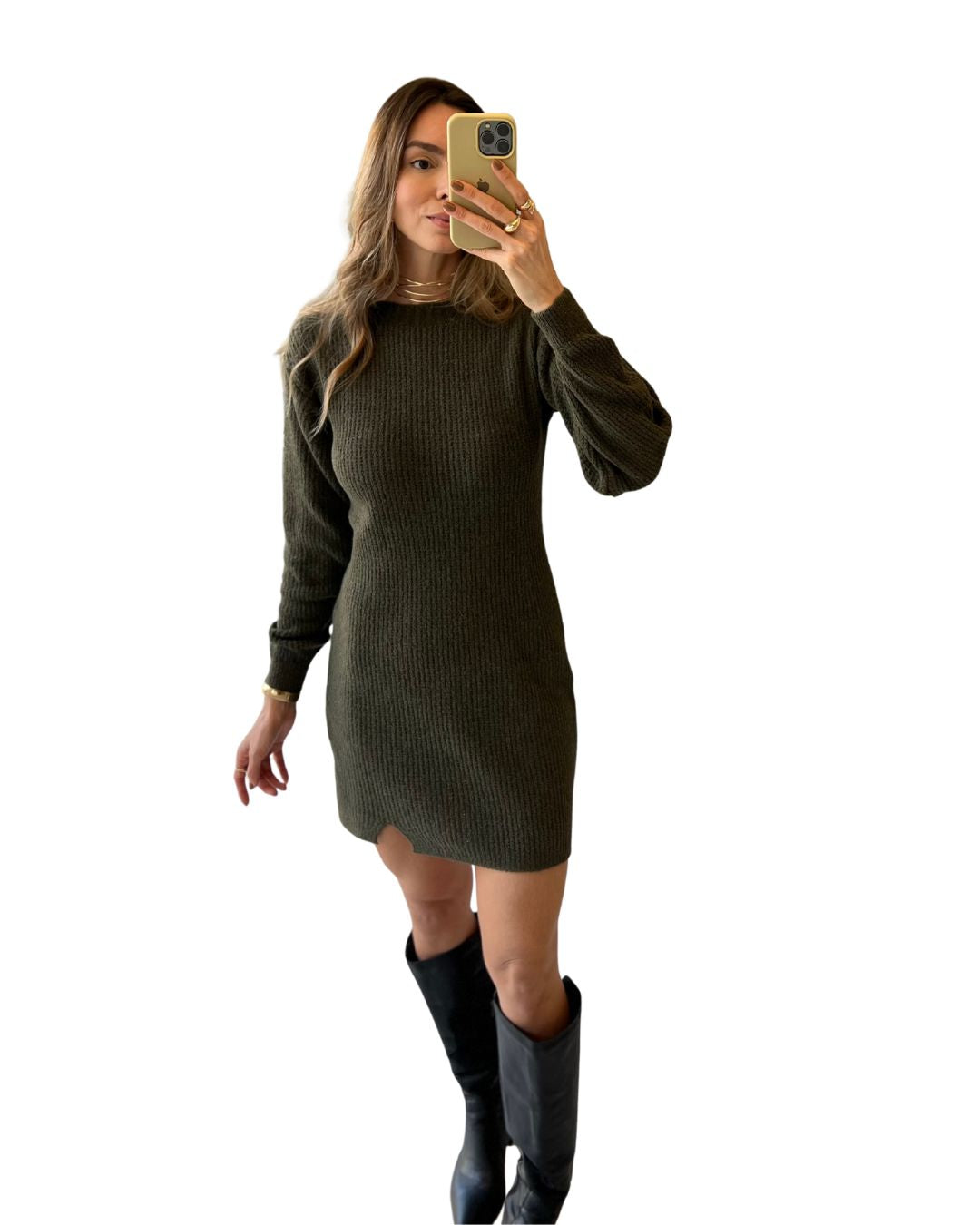 Vestido Curto Manga Longa em Tricô Isa