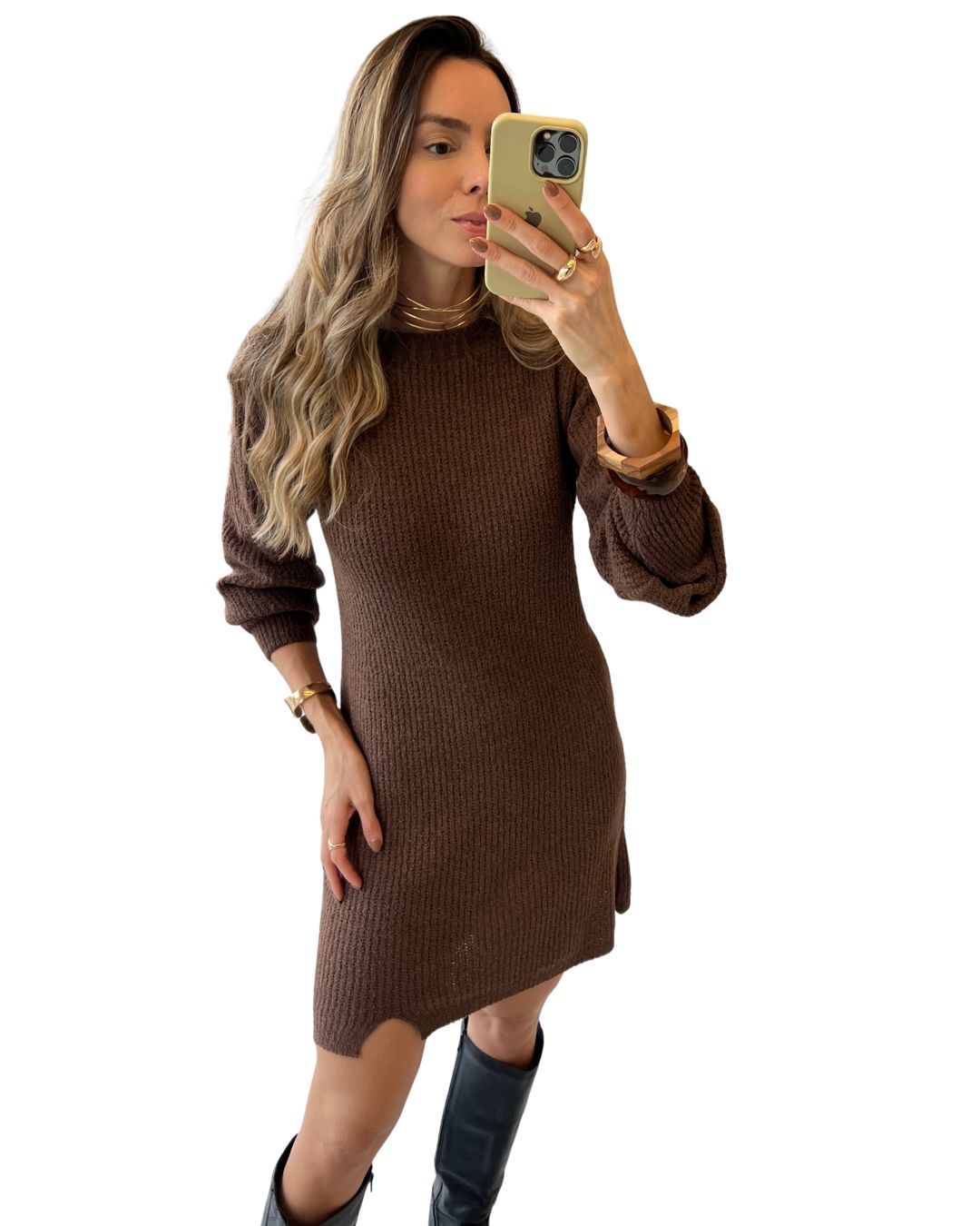 Vestido Curto Manga Longa em Tricô Isa