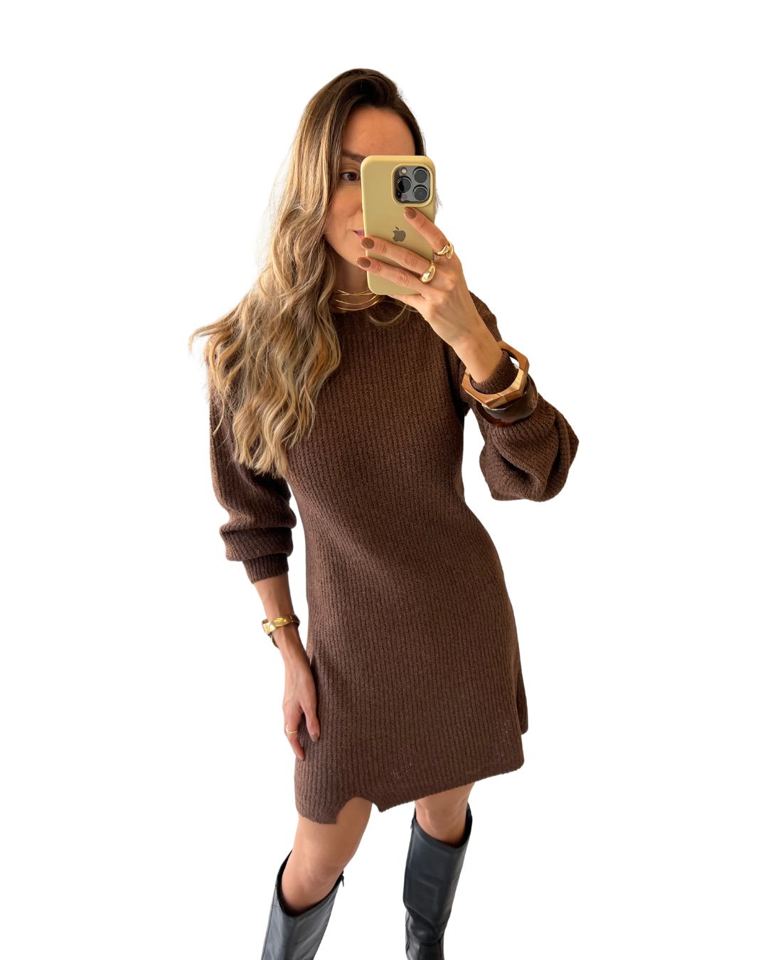 Vestido Curto Manga Longa em Tricô Isa