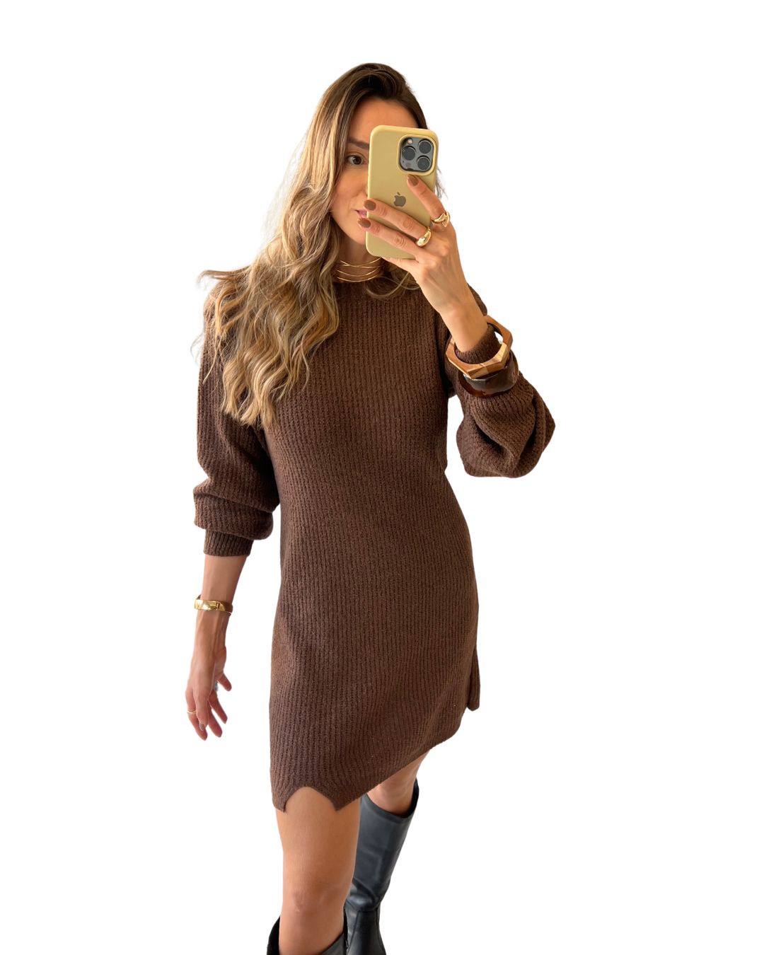 Vestido Curto Manga Longa em Tricô Isa