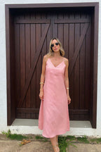 Vestido Midi Amplo Decote V Linho Mica