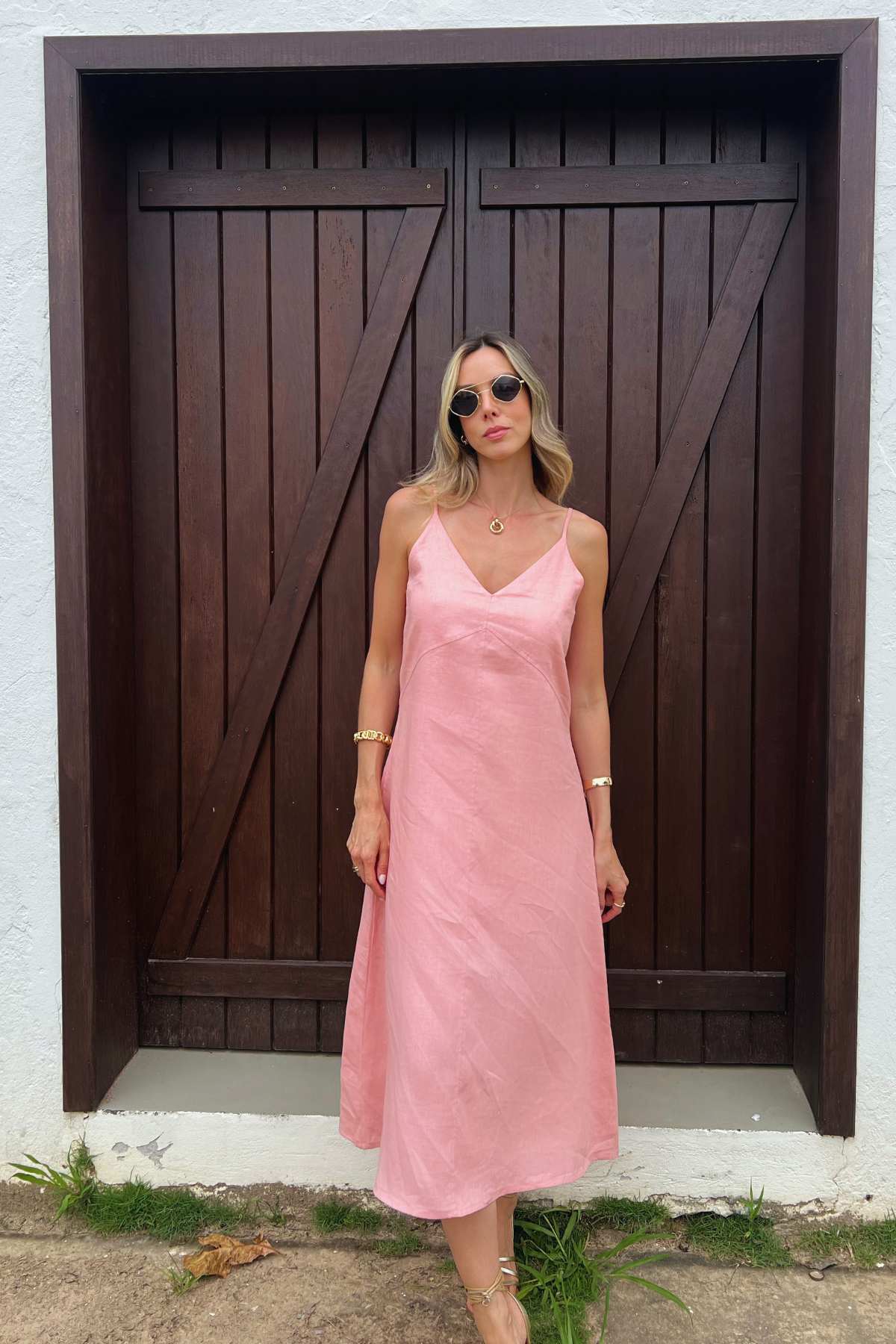 Vestido Midi Amplo Decote V Linho Mica