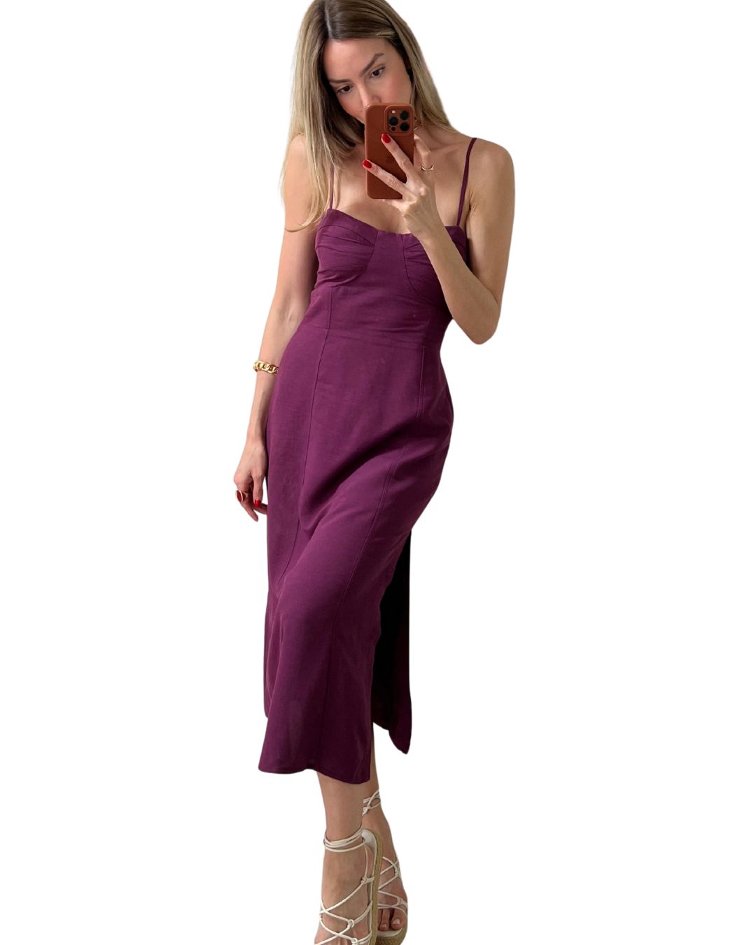 Vestido Midi Com Busto Estruturado E Fenda Agata