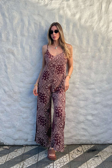 Macacão Feminino Marrom Estampado Alças Finas