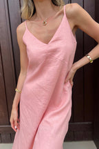 Vestido Midi Amplo Decote V Linho Mica