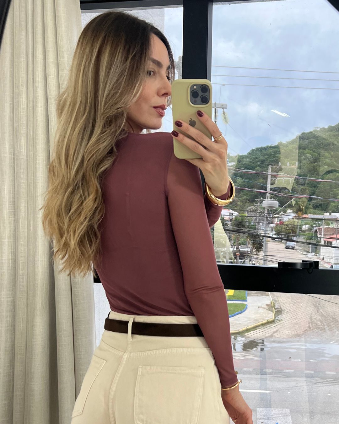 Blusa Tule Manga Longa Rosa Queimado