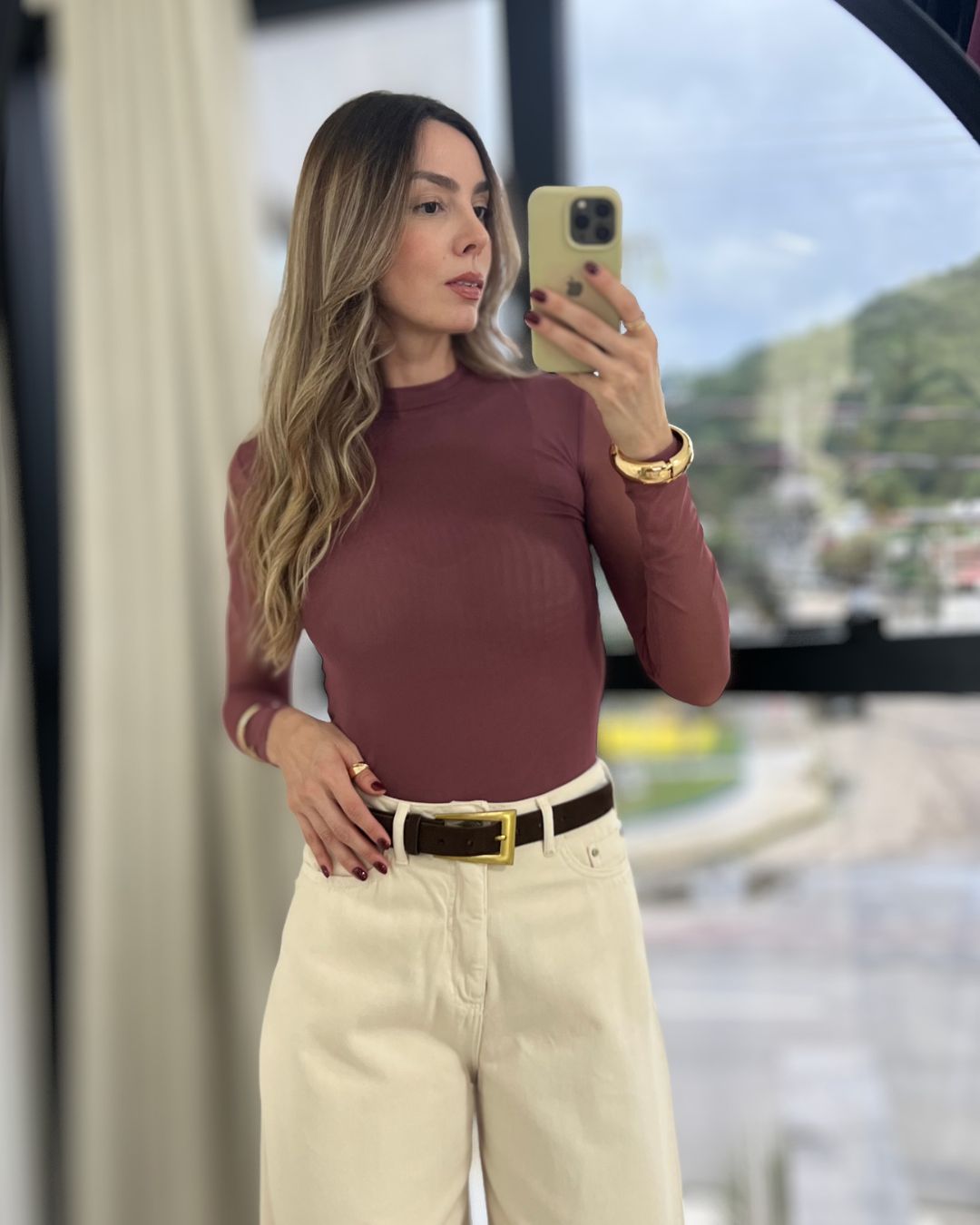 Blusa Tule Manga Longa Rosa Queimado
