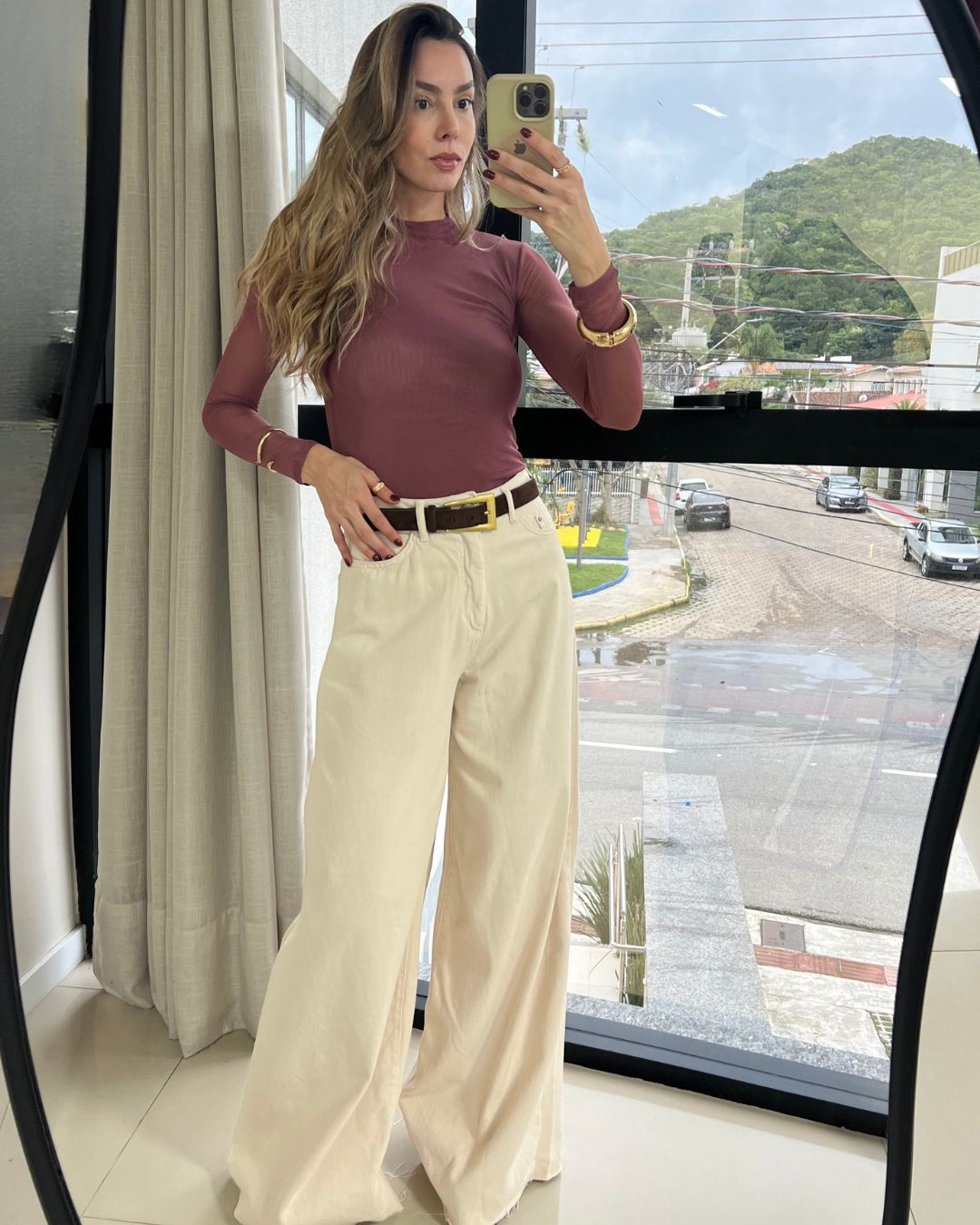 Blusa Tule Manga Longa Rosa Queimado