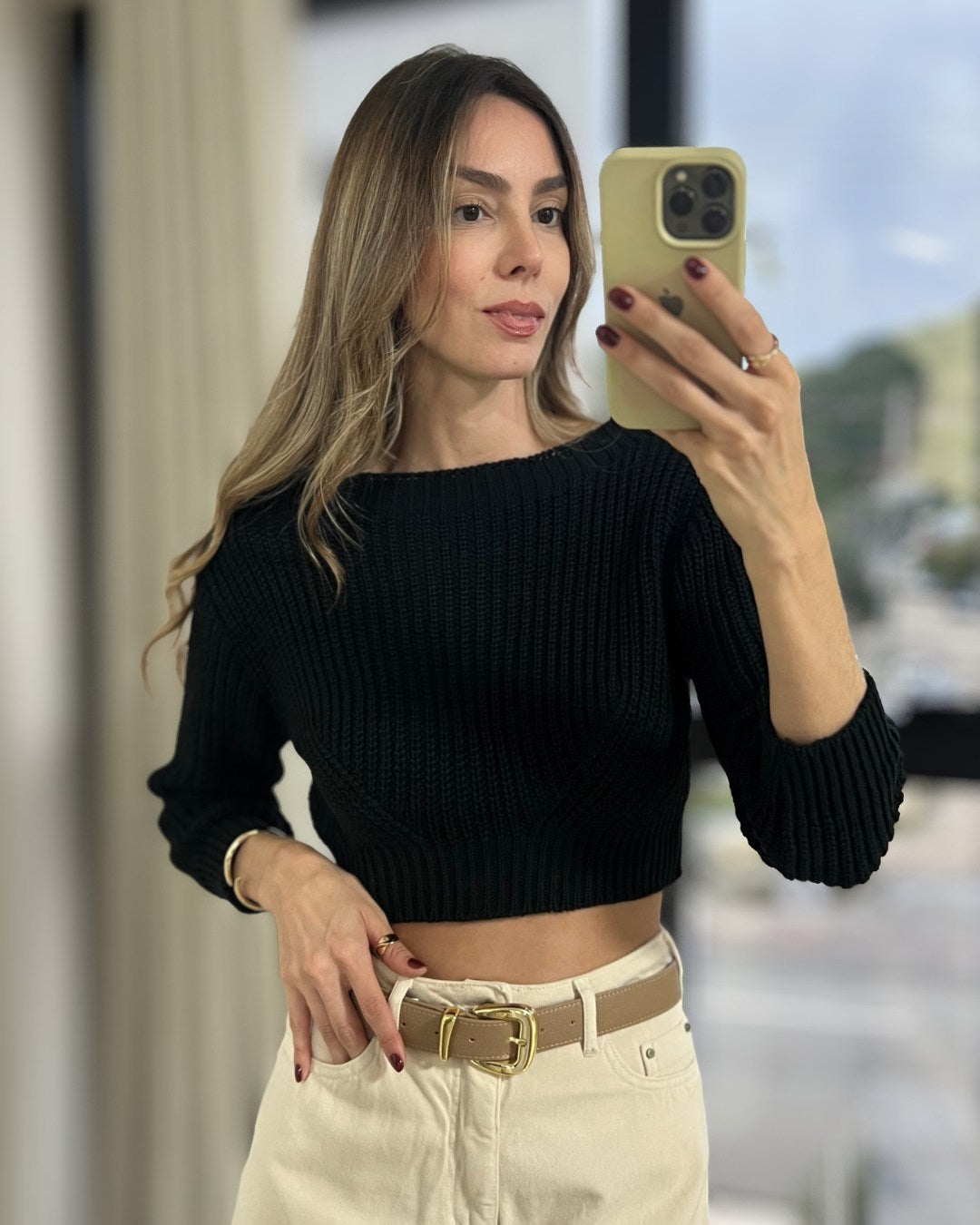 Blusa Feminina Tricô Cropped Manga 3/4 Gola Canoa