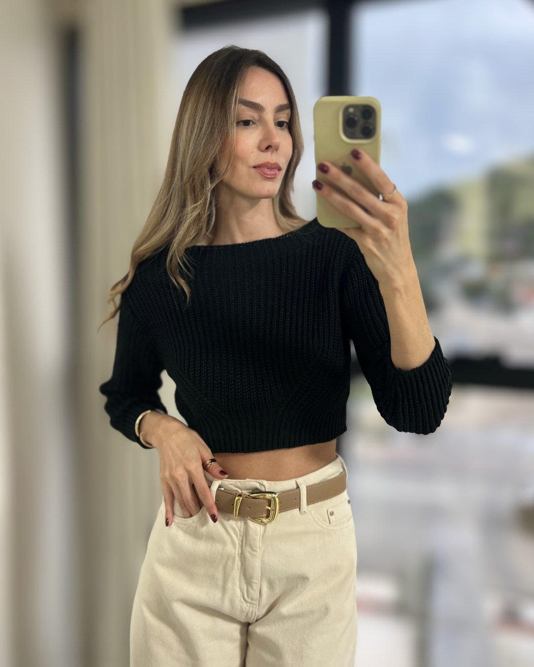 Blusa Feminina Tricô Cropped Manga 3/4 Gola Canoa