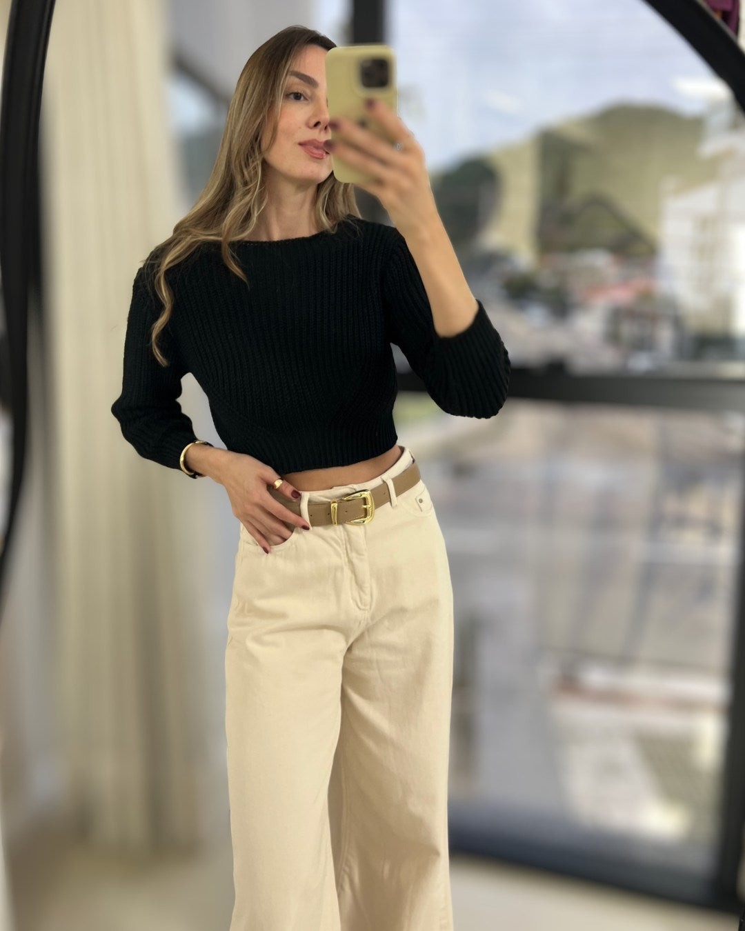 Blusa Feminina Tricô Cropped Manga 3/4 Gola Canoa