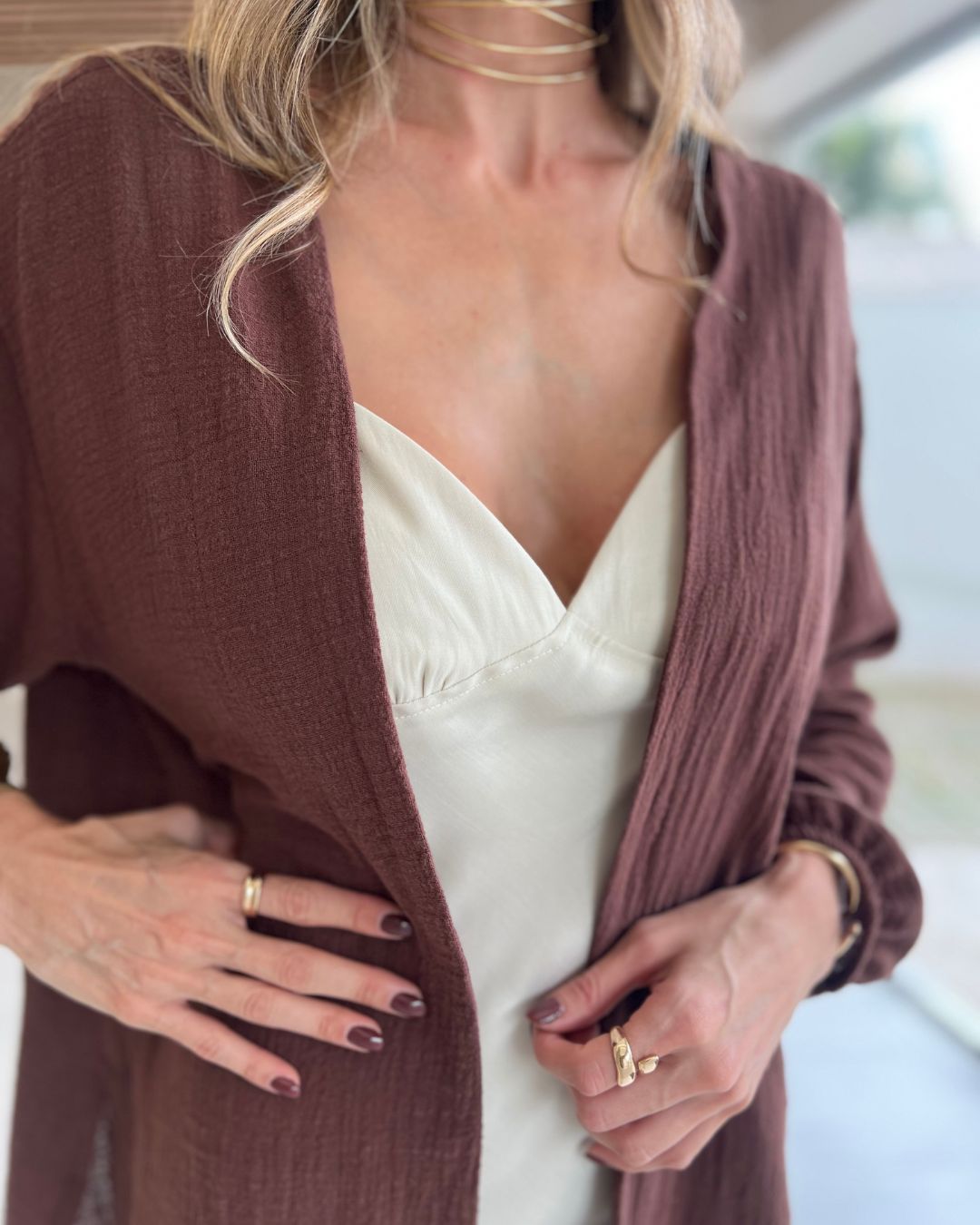 Kimono Alongado Feminino Marrom em Algodão Hana