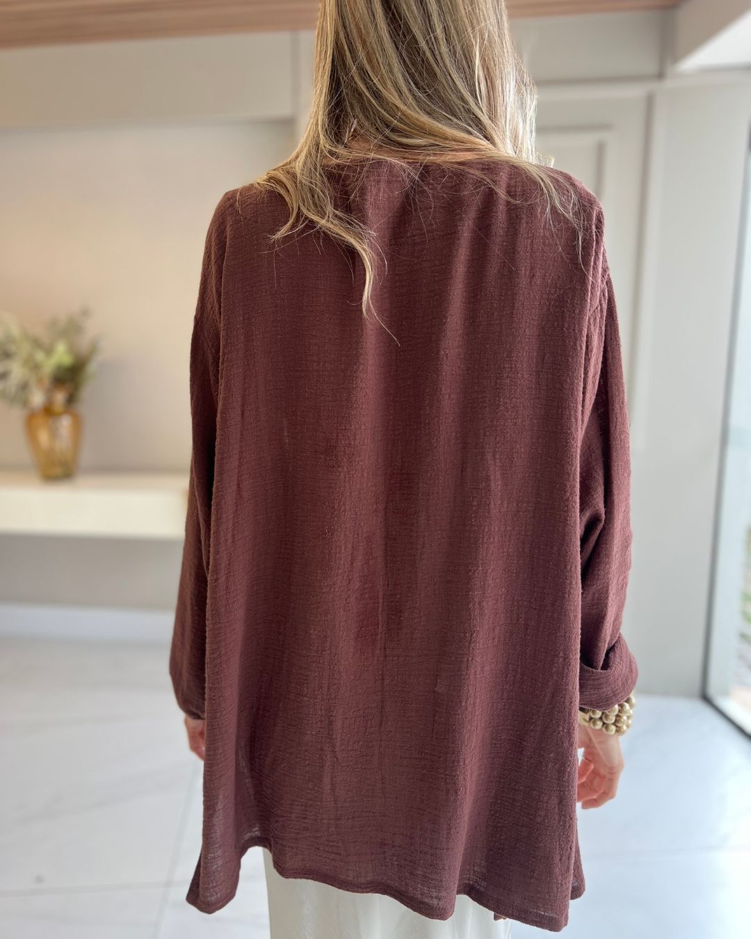 Kimono Alongado Feminino Marrom em Algodão Hana