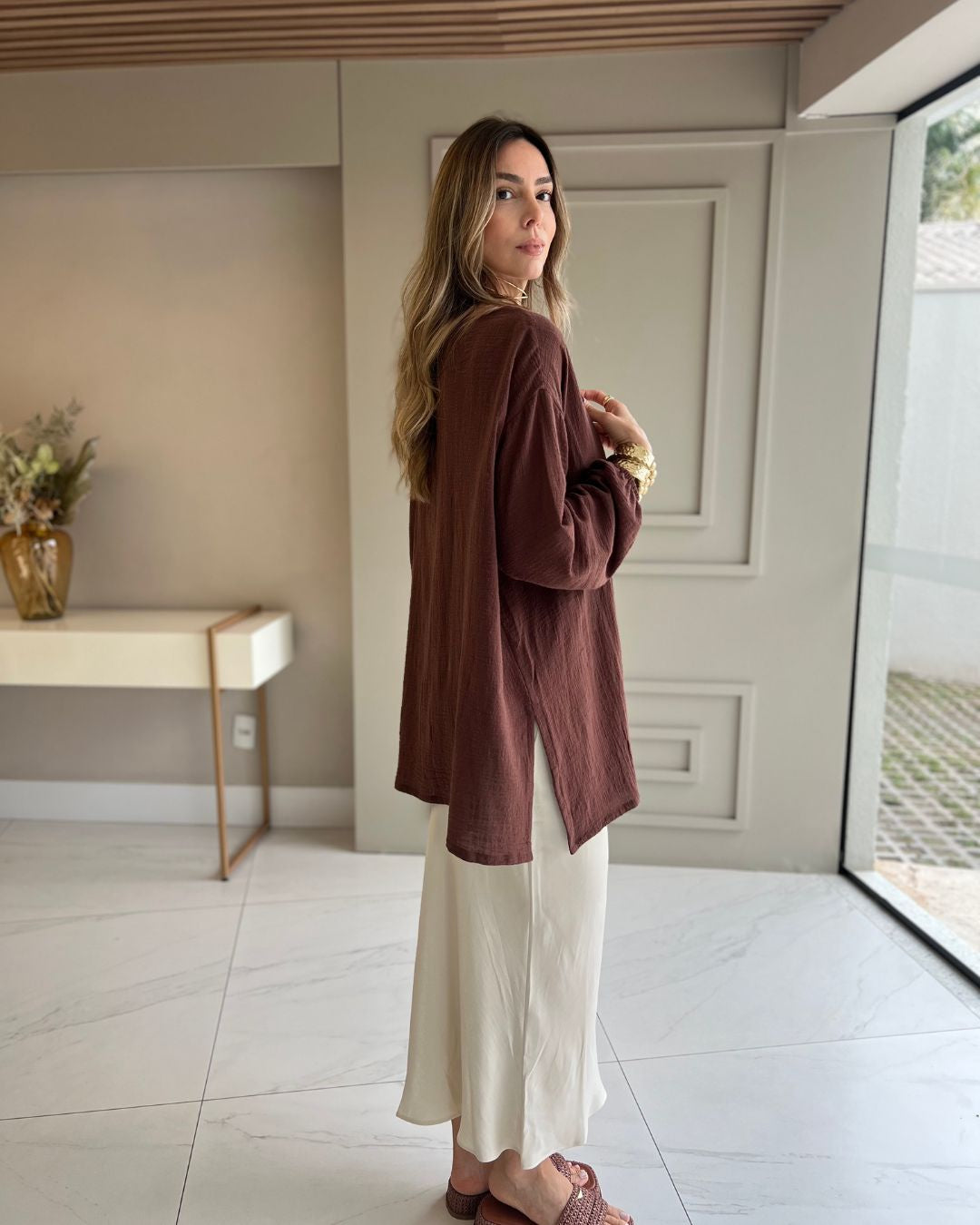 Kimono Alongado Feminino Marrom em Algodão Hana