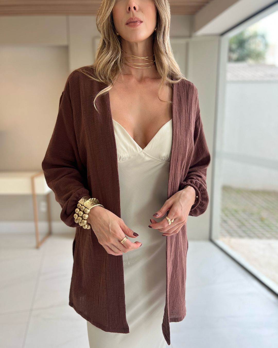 Kimono Alongado Feminino Marrom em Algodão Hana
