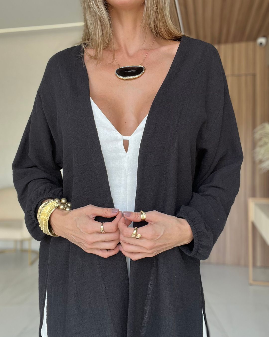 Kimono Alongado Feminino Preto em Algodão Hana