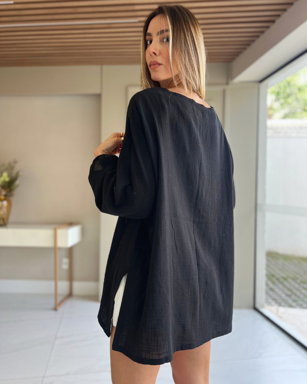 Kimono Alongado Feminino Preto em Algodão Hana