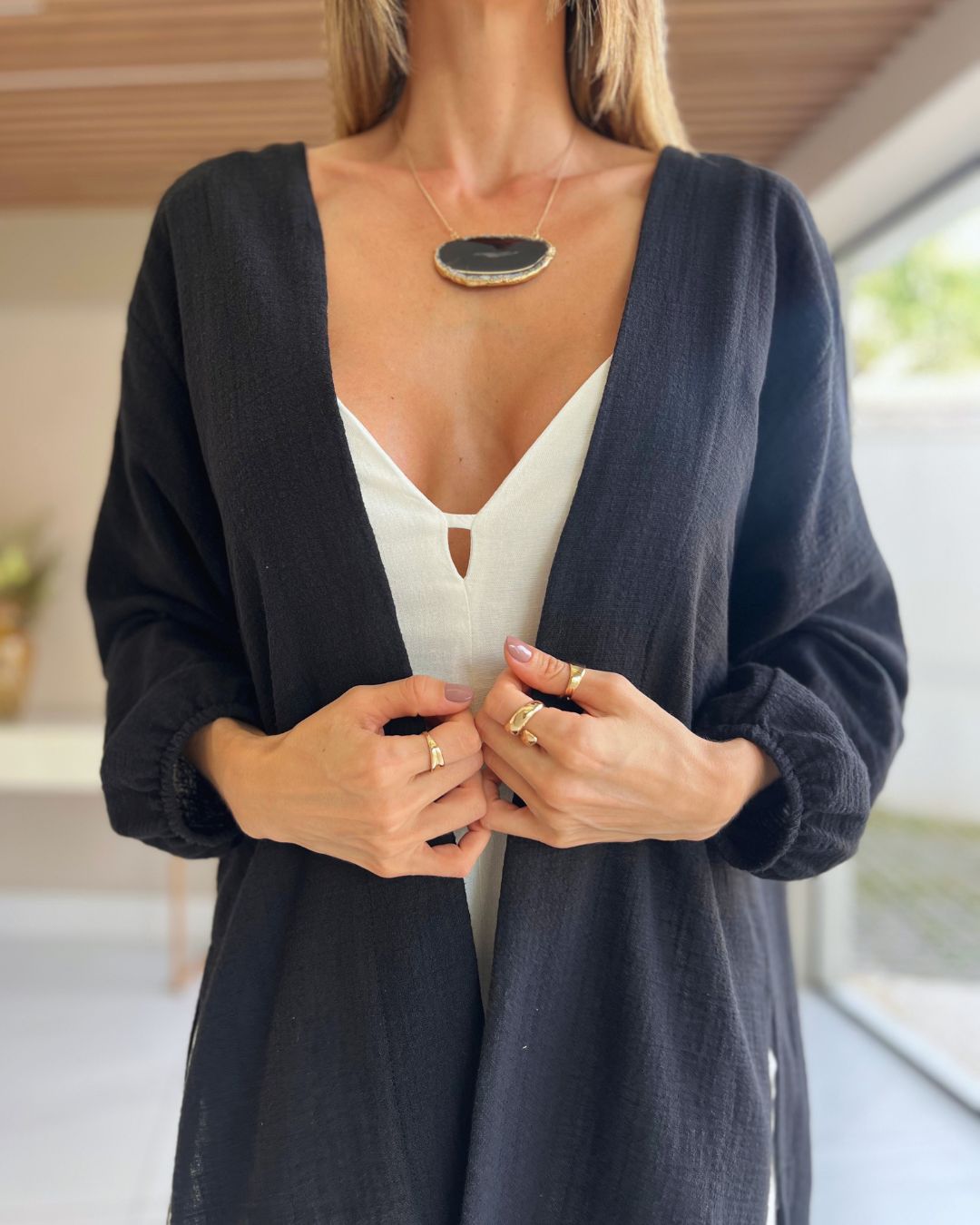 Kimono Alongado Feminino Preto em Algodão Hana