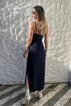 Vestido Longuete em Linho e Viscose com Decote Reto Dobrado Liana