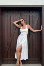 Vestido Midi com Fenda e Alça Larga Nai