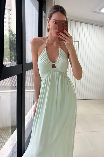 Vestido Midi Alongado com Amarração e Decote V Brisa