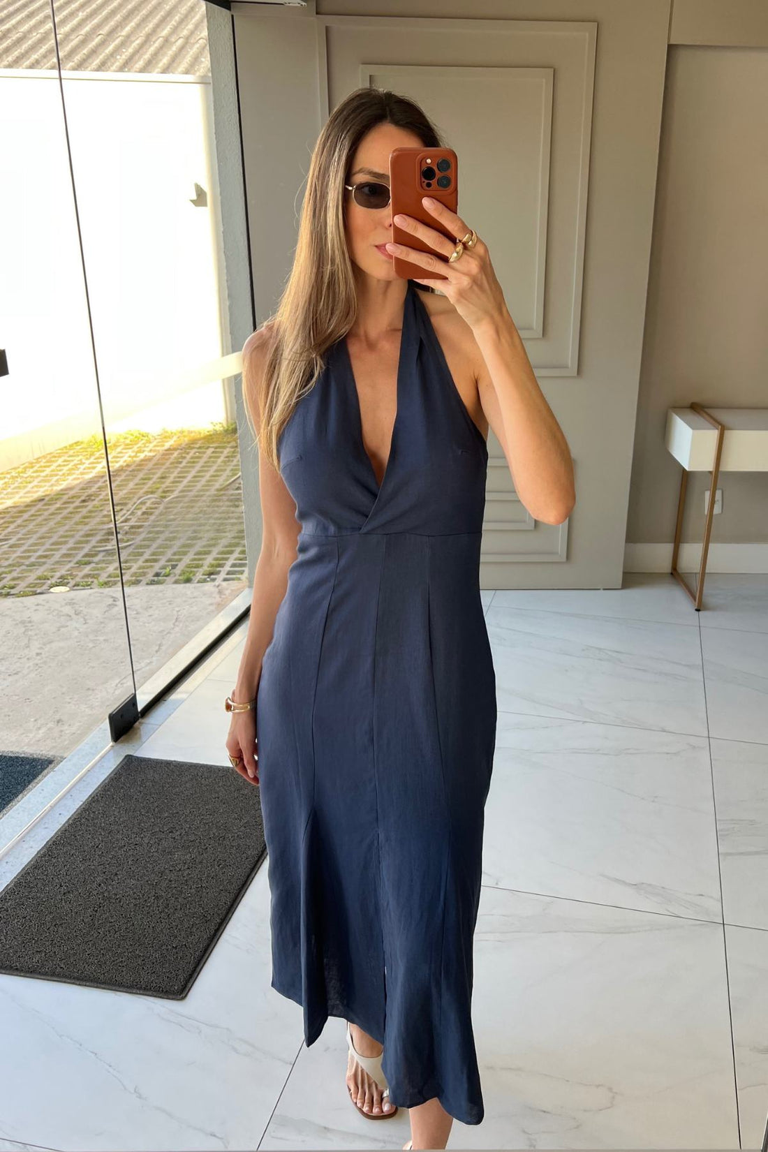 Vestido Midi Frente Única Azul Marinho