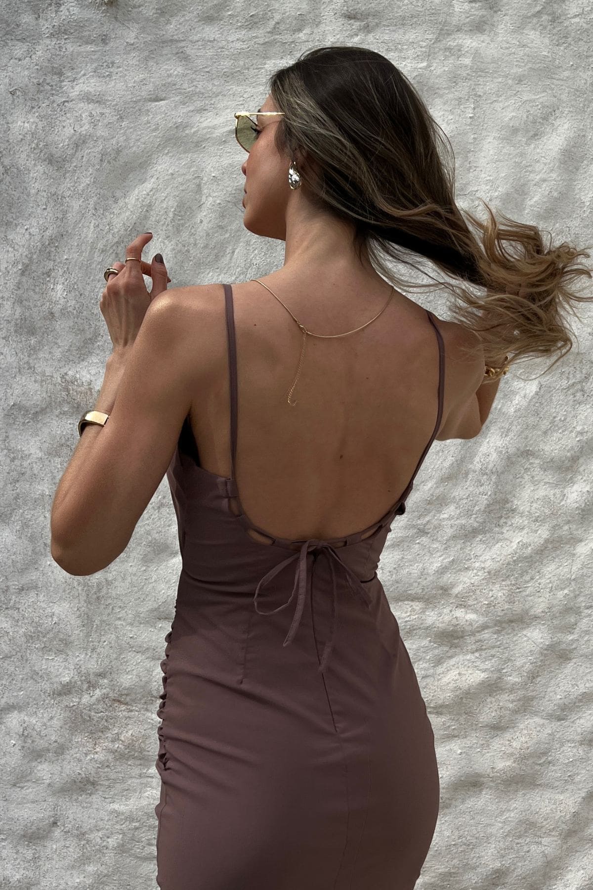 Vestido Midi em Poliamida Drapeado e Amarração no Busto Daniela