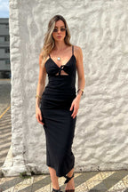 Vestido Midi em Poliamida Drapeado e Amarração no Busto Daniela