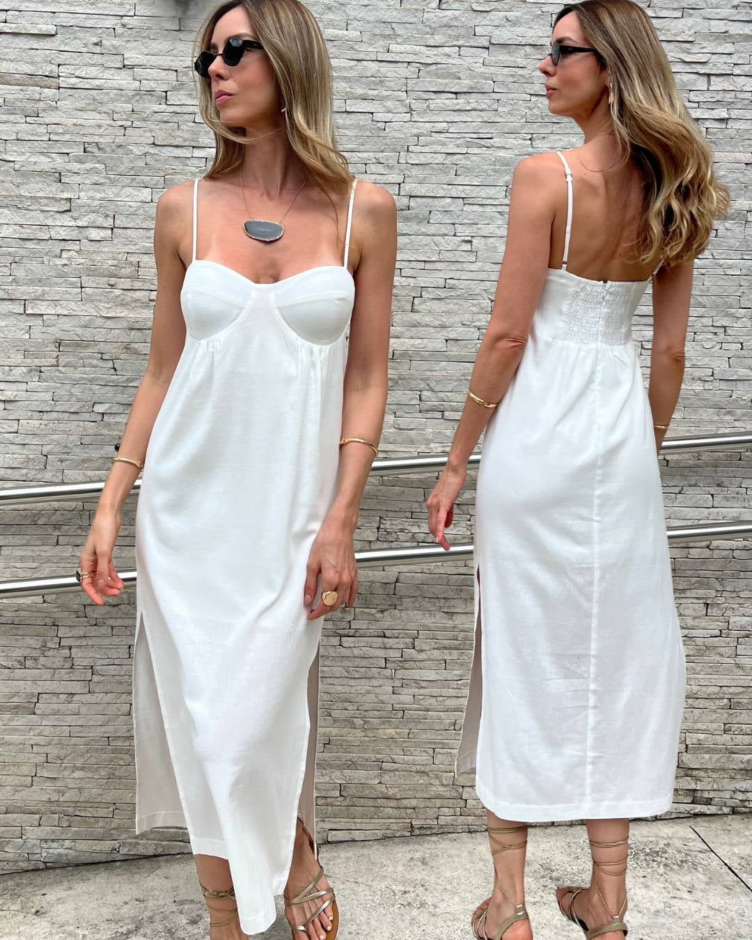 Vestido Midi em Viscolinho com Bojo e Fendas Catarina