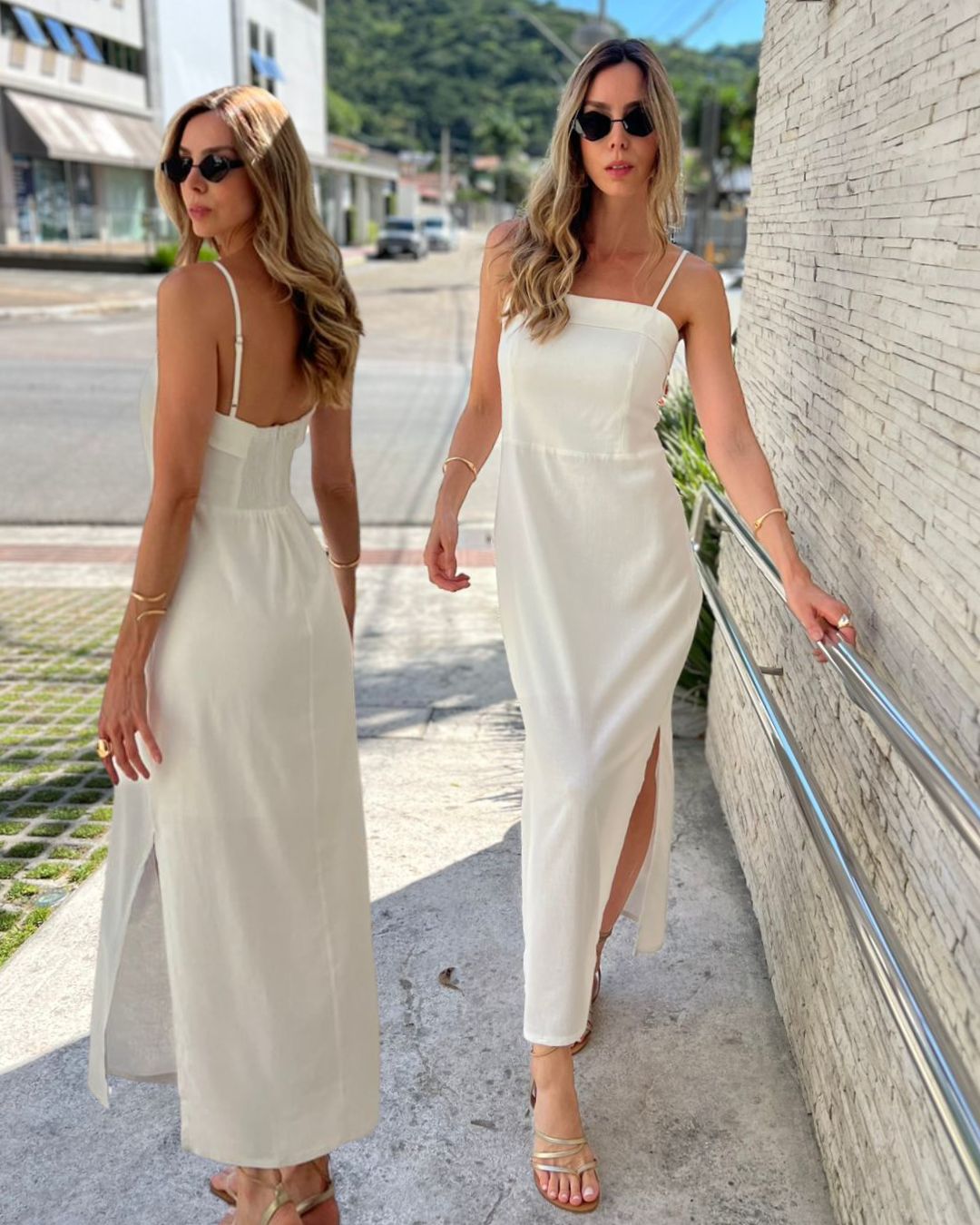 Vestido Longuete em Linho e Viscose com Decote Reto Dobrado Liana