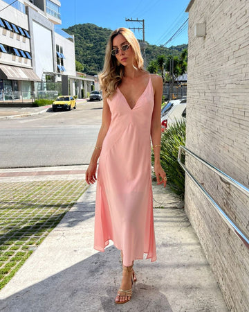 Vestido Midi Alongado com Fendas Laterais Celeste