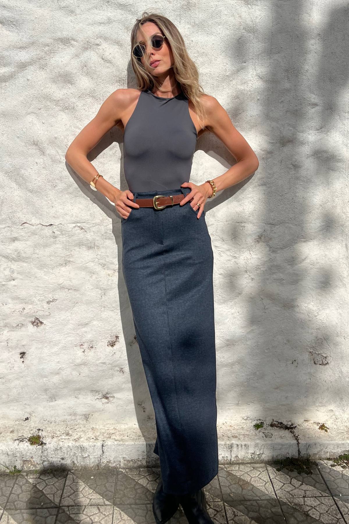 Saia Longa Alfaiataria Denim Lara