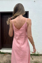 Vestido Midi Amplo Decote V Linho Mica