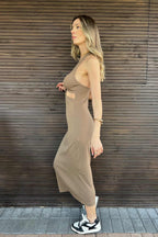 Vestido Midi em Malha Canelada com Decote Torcido Bel