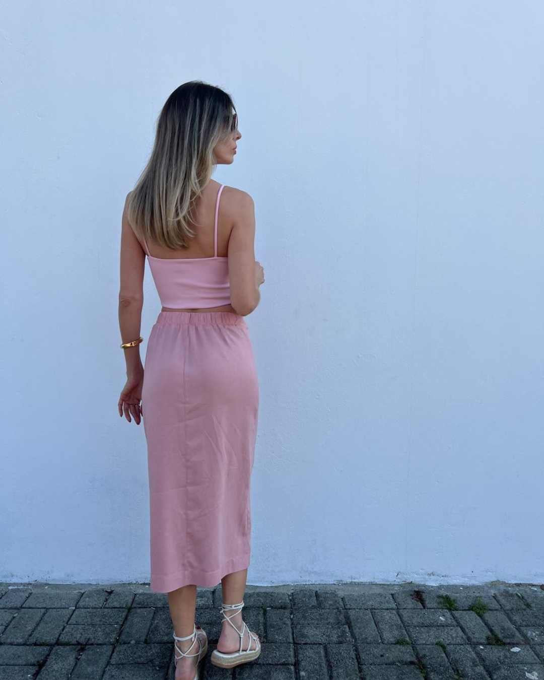 Saia Midi Transpassada Envelope em Viscolinho Luana