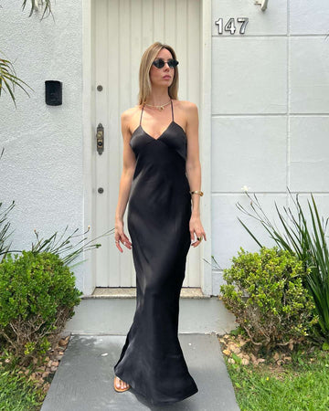 Vestido Longo Acetinado Decote V Mila